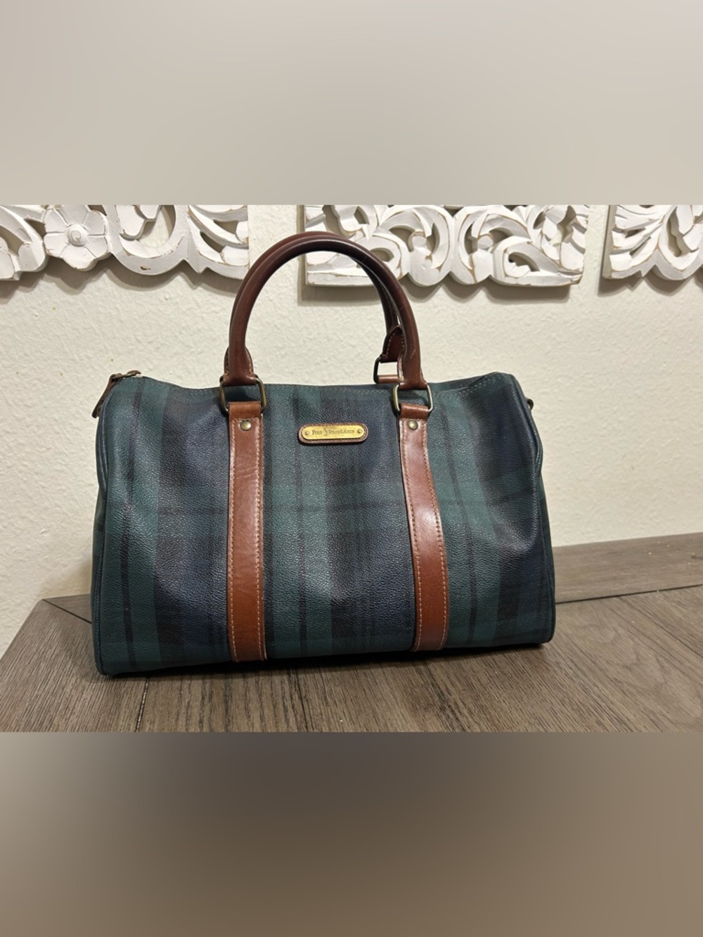 Polo by Ralph Lauren Green& Navy Boston bag with Brown handles